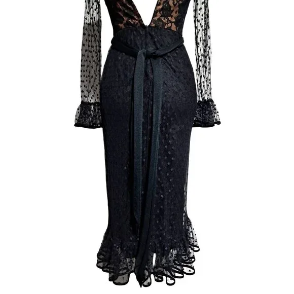 Vintage 70s Jack Bryan Black Gothic Polka Dot Lace Ruffled Midi Dress Sz 4 Emo M - Picture 10 of 12